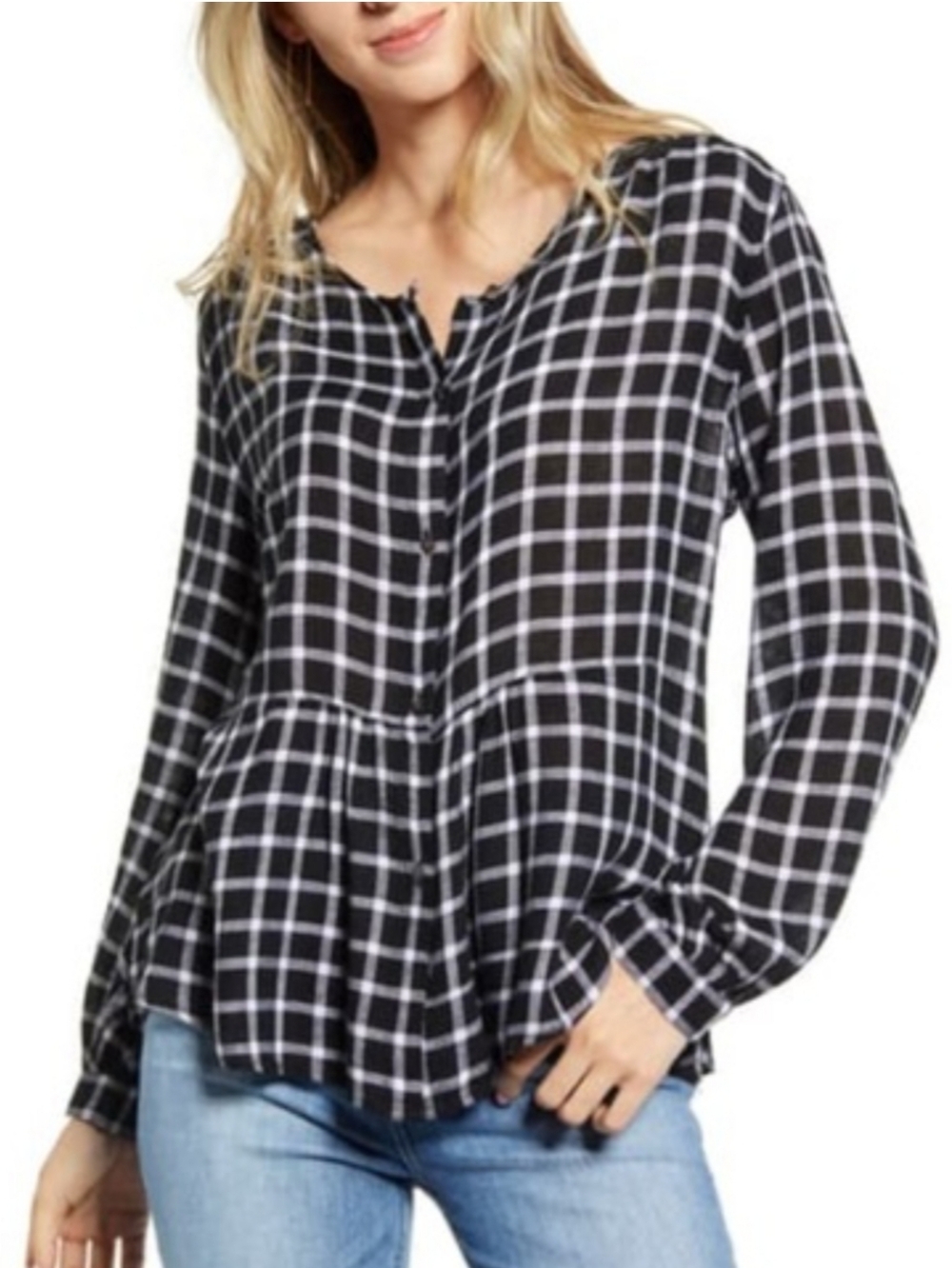 Rails Celeste Plaid Peplum Top Size M Black White Linen Blend